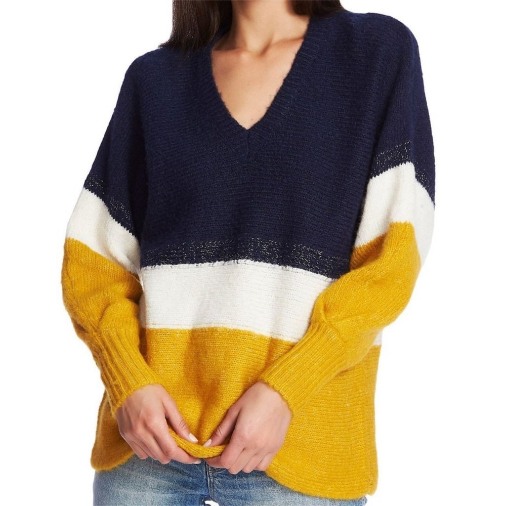 1.State navy gold marled sparkle mix striped v-neck tunic sweater